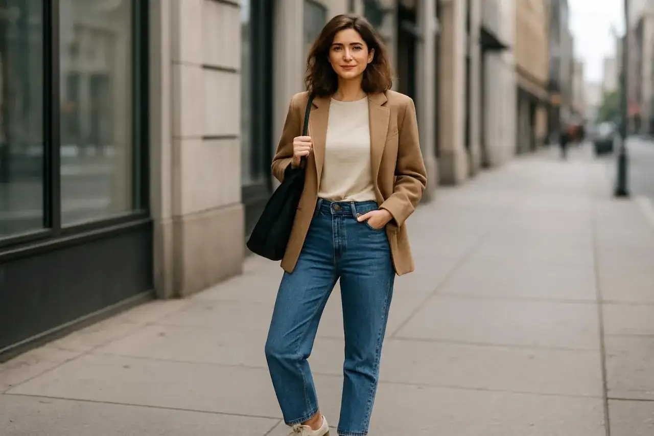 Kobieta w beżowym płaszczu i jeansach, prezentująca casual style. Torba na ramieniu i sneakersy dopełniają stylizację.