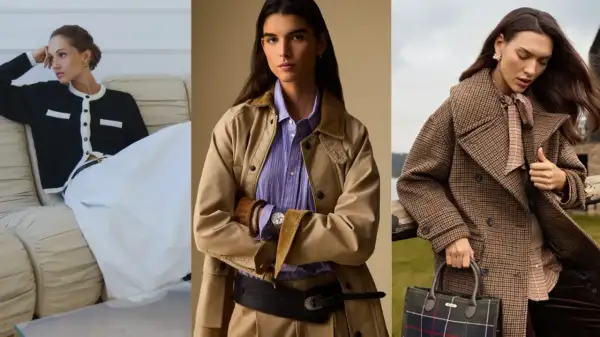 Eleganckie stylizacje na chrzciny jesienią: kardigan, beżowa kurtka i płaszcz w kratę.