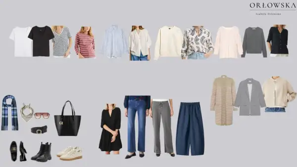Kolekcja ubrań tworząca garderobę kapsułową: t-shirty, bluzki, sweter, marynarka, spodnie, sukienka, akcesoria.